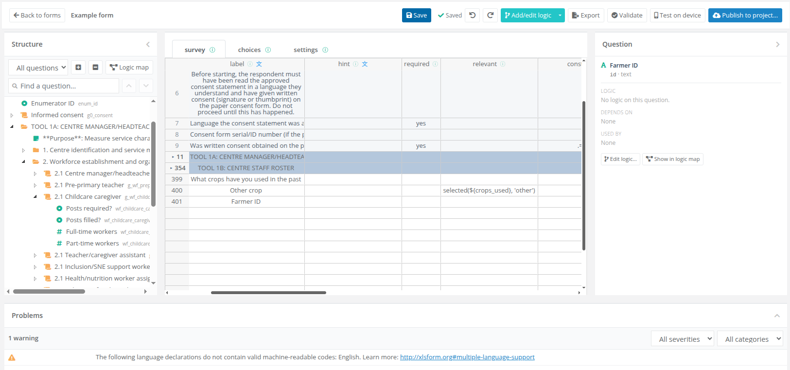 The FormBuilder editor with a form open. The toolbar holds Back to forms, Save, undo and redo, Add/edit logic, Export, Validate, Test on device, and Publish to project. On the left, the Structure panel lists the form's questions, groups, and repeats as a collapsible tree, with a search box and a Logic map button. In the center, the survey, choices, and settings sheets appear as a spreadsheet with label, hint, required, and relevant columns, and two collapsed groups show as single shaded rows. On the right, the Question panel shows the selected question, Farmer ID, with its logic, what it depends on, and what uses it. At the bottom, the Problems panel lists one warning.