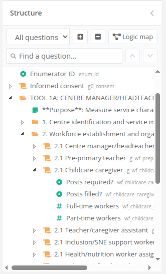 The Structure panel, showing the form as a collapsible tree in which each entry has an icon for its type and its variable name in gray. The Tool 1A group is open down to section 2.1, Childcare caregiver, which holds Posts required, Posts filled, Full-time workers, and Part-time workers. Above the tree are a filter set to All questions, plus and minus buttons, a Logic map button, and a Find a question search box.